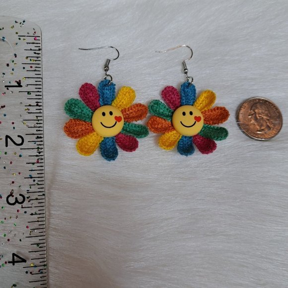 Knitted Sunflower Smiling Face Earrings - Picture 2 of 3